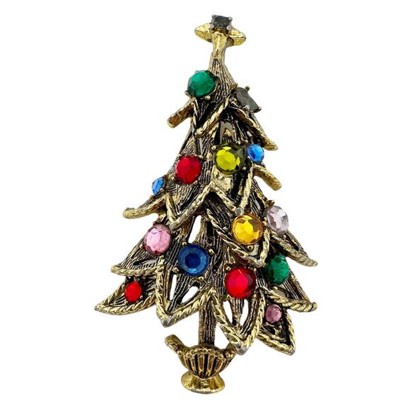 vintage Hollycraft gold & rhinestones Christmas Tree BROOCH holidays jewelry pin - Picture 1 of 8
